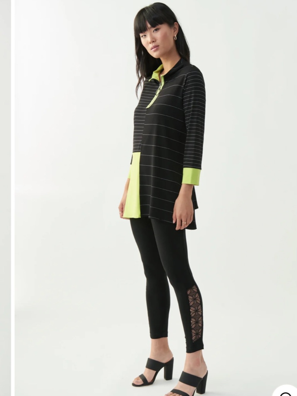 Joseph Ribkoff Black & Lime Zip-Front Tunic with Contrast Panels